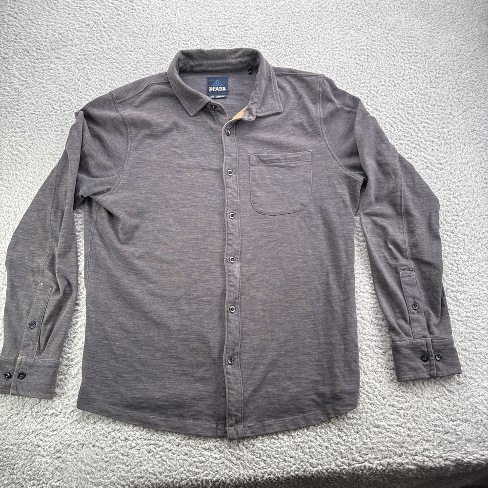 prAna Button Up Mens Large Blue Speckled Organic Cotton Long Sleeve Shirt